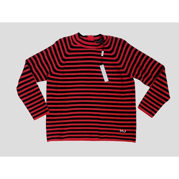 $295 Marc‎ Jacobs Red Black Striped Mock Neck Sweater Size L Zip Back Mod NWT - Picture 1 of 5